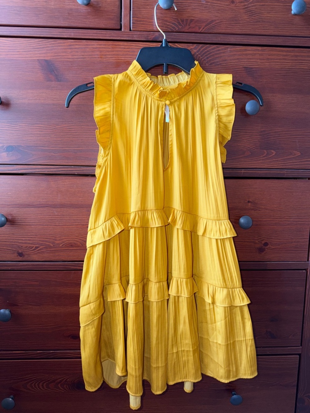 By Anthropologie Tiered Sleeveless Satin Blouse Ruffle Trim Honey Mustard Gold